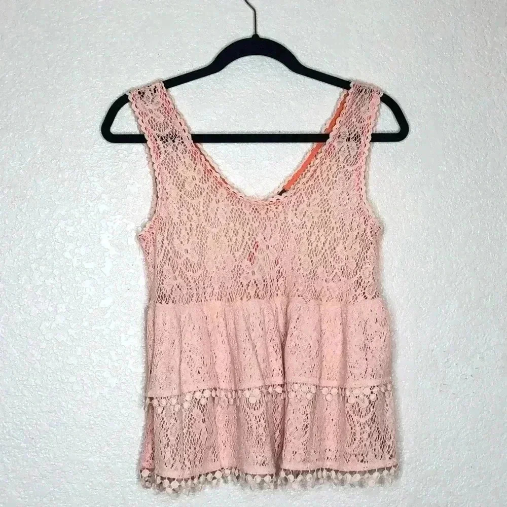 Free People Lace Tank Small Layered Peplum Flowy Peach Color